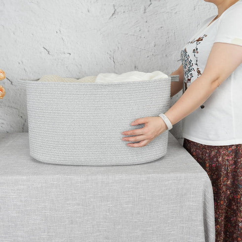 Large Rectangle Blankets Basket, 22"x17"x12" Woven Cotton Rope Storage for Nursery, Toy Basket, Laundry Bin