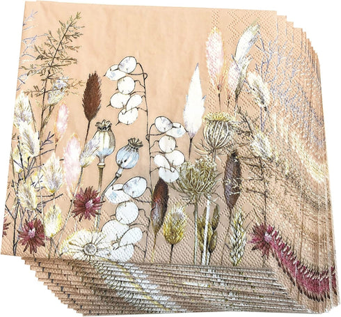 20 Counts 6.5 x 6.5 inches 3-Ply Tan Floral Decorative Napkins for Decoupage, Eco-Friendly & Biodegradable Nature