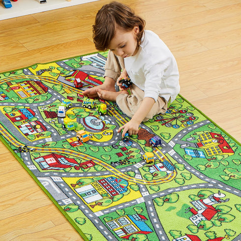 12 Set 3+, JOYIN Carpet Playmat w/ Cars Pull-Back Vehicle for Kids Age Jumbo Play Room Rug, City Pretending Play
