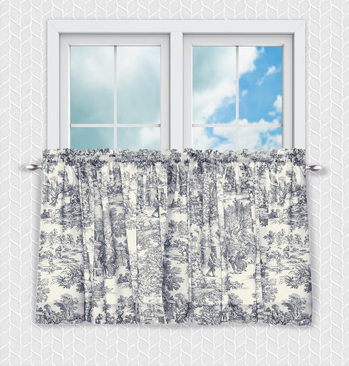Victoria Park Toile Tailored Tier Curtains, Blue, 68-Inch by 30 Inch