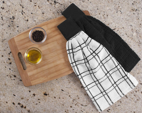 Ritz Premium 100% Cotton Solid and Multi Check Kitchen Tie Towel, Set of Two, Absorbent, Black