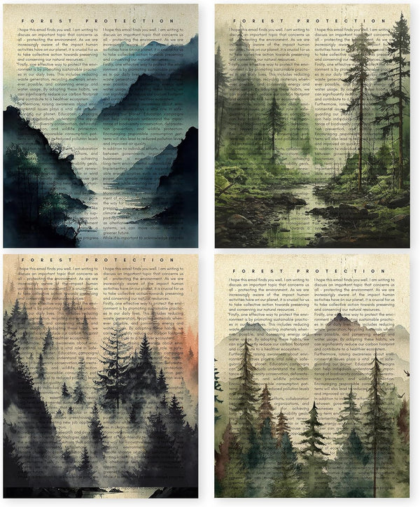 HRQKO Vintage Forest Mountain Wall Art, Set of 4 Poster Prints for Living Room, 8”x10” Unframed Wall Decor