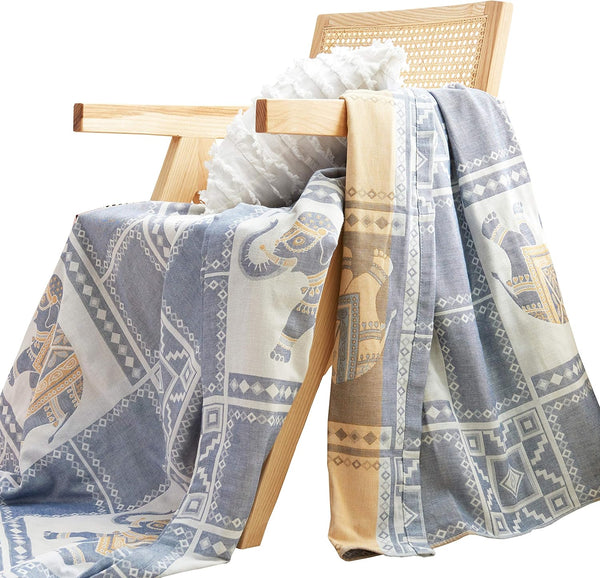 MEJU Elephant Check Geometric Muslin Lightweight Summer Blanket for Bed Sofa Couch, 100%