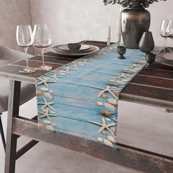 Summer Beach Table Runner - Beach Theme Cotton Linen Dresser Scarves with Seashells, Starfish, Rustic Wood Decor (13x72