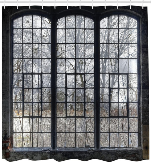 Ambesonne Industrial Shower Curtain, Old Large Window with Broken Panes, 69" W x 70" L, Green White