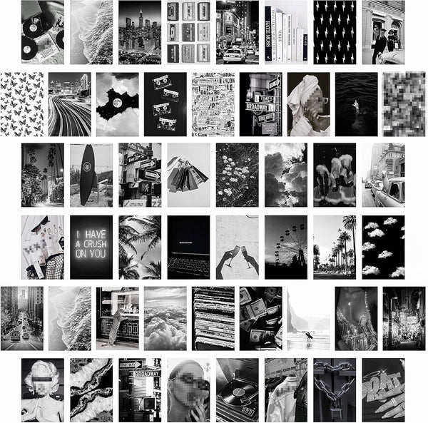 CY2SIDE 50 Aesthetic Black and White Pictures, Wall Collage Printing Set for Vintage Room Decoration and Art Prints