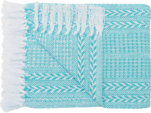 Set 50"x60" Cotton Throw Blankets - of Two - - Turquoise & Striped with Fringe - Rustic Ottoman & Batik Chair Blanket
