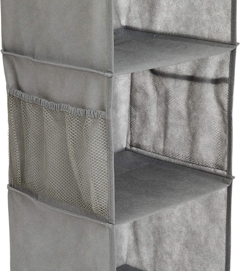 Amazon Basics Hanging Closet Shelf Organizer, 6-Tier with Pockets, 8.5" D x 12" W x 9" H, Grey