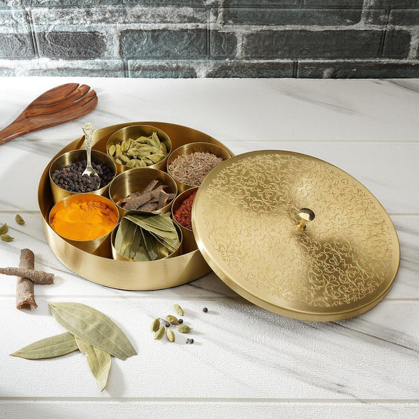 Ajuny Handcrafted Brass Spice Box Golden with Embossed Lid - Decorative Round