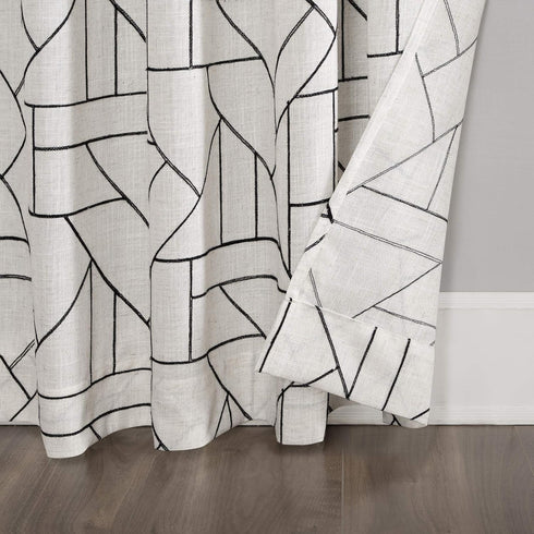 Archaeo Mid-Century Modern Fragmented Geometric Embroidery Curtain, Natural Linen Blend, 50" x 63", Black/Linen