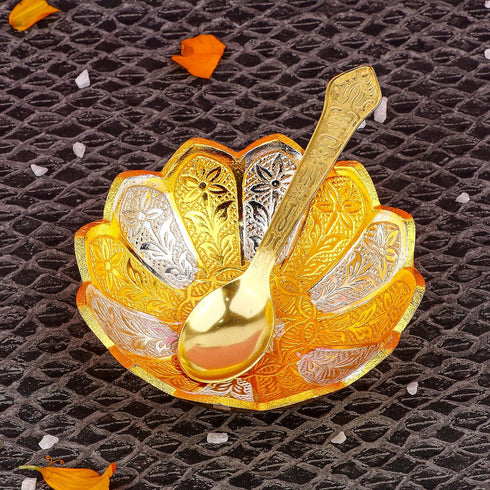 SATVIK 1 Pc 4 Inch Designer Gold Silver Plated Lotus Flower Dessert Dry Fruits Embossed Serving Bowl With Spoon Set Diwali Pujan Decortive Bhog Bowl Christmas Housewarming Wedding Return Gift Items by SATVIK STORE