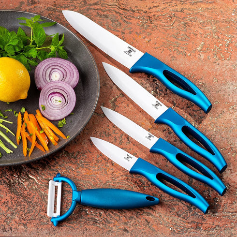 Moss & Stone 5-Piece Kitchen Cutlery Set, Blue Ceramic Knives, Rust Proof & Stain Resistant, Includes Fruit Peeler
