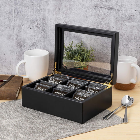 6 Break Tradition Wooden Tea Organizer For Tea Bags - Compartments, Clear Top Window, Lid Stays Open (Black)