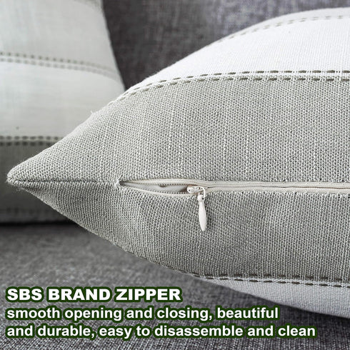 AmHoo Pack of 2 Light Grey Beige Farmhouse Stripe Check Throw Pillow Covers, Cotton Linen Decorative Cushion Case