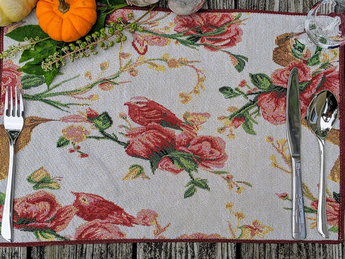 Tache Spring Placemats Set of 4 Floral Sweet Red Roses Birds Shabby Chic Vintage Tapestry Kitchen Dining Linens