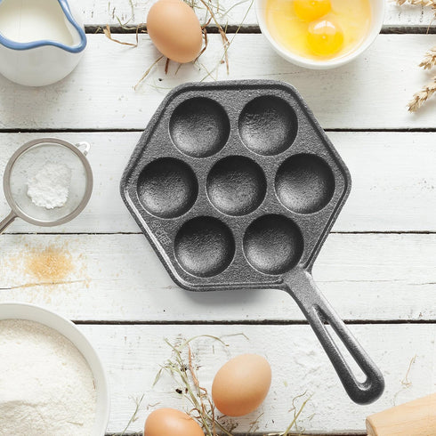 Commercial CHEF Cast Iron Danish Aebleskiver Pan, Preseasoned Cookware for Pancake Puffs, Makes 7 Pancake Balls