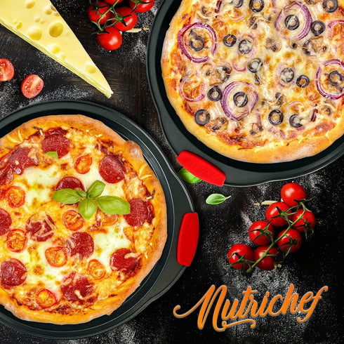 NutriChef 2-Piece Nonstick Pizza Tray, 13-Inch Round Carbon Steel Baking Pan with Perforated Holes, Dishwasher Safe