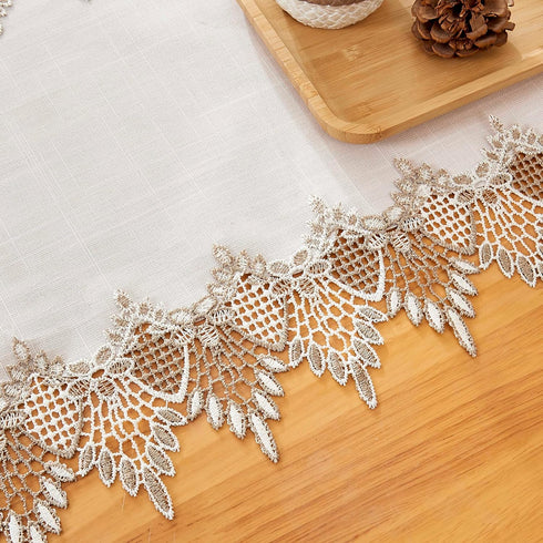 60 inches 16x60) White Linen Table Runner Long, Neutral Earth Tones Beige Lace Vinyl Dresser Scarf for Kitchen Coffee