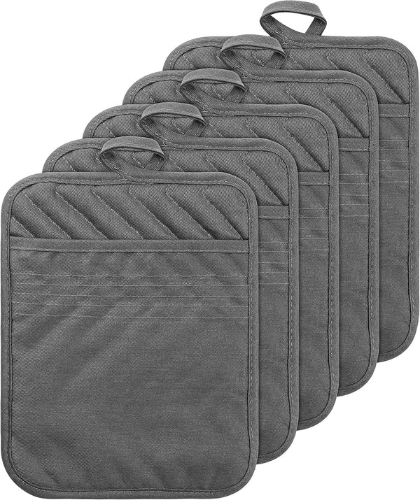 GROBRO7 5Pack Pocket Pot Holders, Cotton Heat Resistant Potholder, Machine Washable Oven Mitts, Grey