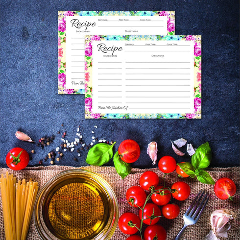 Recipe Box with Cards: 50 Count Floral Recipe Cards, Metal Recipe Box, 4x6 Recipe Cards
