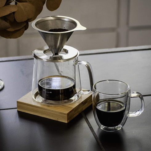 Brew To A Tea BTaT Pour Over Coffee Maker Set, Double Wall Glass, 16 oz, Drip Coffee Maker with Permanent Filter
