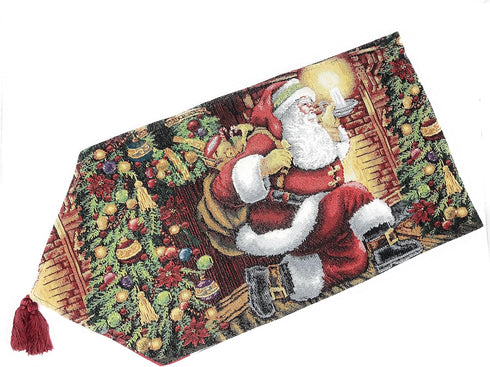 Tache Home Fashion Down The Chimney Santa Claus Christmas Tapestry Table Runner, 13x54, Red, Green, White, Gold