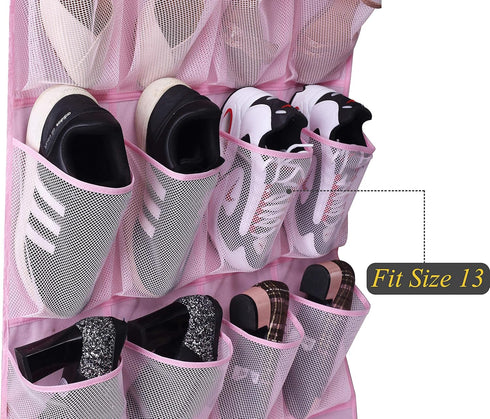 MISSLO Kids Shoe Organizer, Pink Room Decor, 24 Large Mesh Pockets, Over the Door Hanging Storage for Toddler Girl