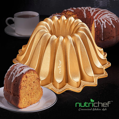 NutriChef 9" Nonstick Slope Bundt Cake Pan - Premium Thick Aluminum Cake Mold for Uniform Baking & Browning