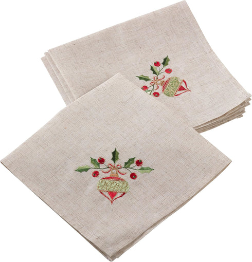 Saro Lifestyle Linen Blend Napkin Set of 4, Embroidered Ornament Design, Natural, 20"
