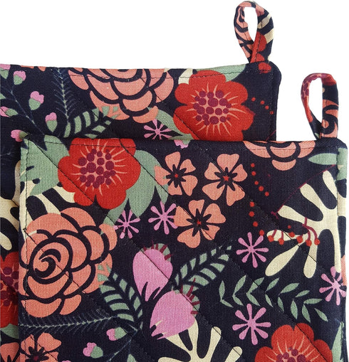 CUSHYSTORE Canvas Pot Holder Oven Pads, Navy Blue Potholders for Cooking Kitchen, 7.75", 2 Pack (Exotic Flower)