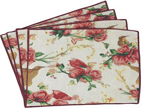 Tache Spring Placemats Set of 4 Floral Sweet Red Roses Birds Shabby Chic Vintage Tapestry Kitchen Dining Linens