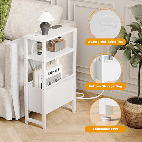 3 LET503WE Narrow Side Table with Charging Station Slim End Table Sofa with Magazine Rack, Bedside Table for Small