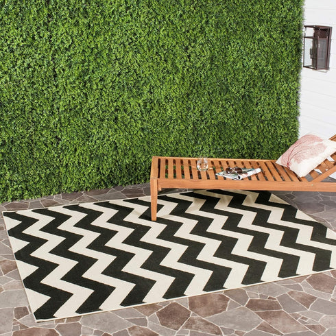 SAFAVIEH Courtyard Collection Runner Rug - 2'3" x 6'7", Black & Beige, Chevron Design, Non-Shedding & Easy Care,