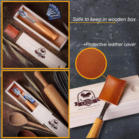 Hand Crafted Bread Lame Dough Scoring Tool in Wooden Box for Sourdough Baking - Knife with 10 Extra Blades