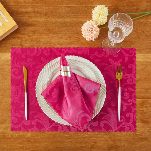 HommxJF 4 Pieces Wave Scroll Damask Jacquard Hot Pink Placemats,13 x 19 inch