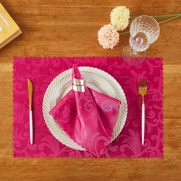 HommxJF 4 Pieces Wave Scroll Damask Jacquard Hot Pink Placemats,13 x 19 inch