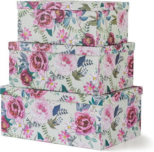 Soul & Lane Decorative Cardboard Storage Boxes, Floral Luxe Set of 3, Nesting Boxes with Lids for Keepsakes