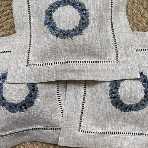 Hand Embroidered Lavender Pillow Sachet Bag “Lavender Crown” – Natural Linen Cushion 6"x6", Set of 3