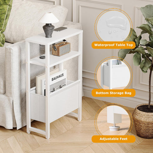 3 LET503W Narrow Side Table, Slim End Table with Magazine Rack, Bedside Table for Small Spaces, Tier Sofa Couch Table