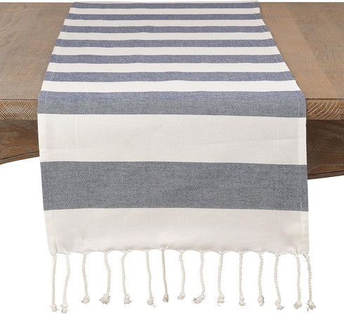 SARO LIFESTYLE Cabana Collection Cotton Stripes Tasseled Runner - 16" x 72", Navy Blue