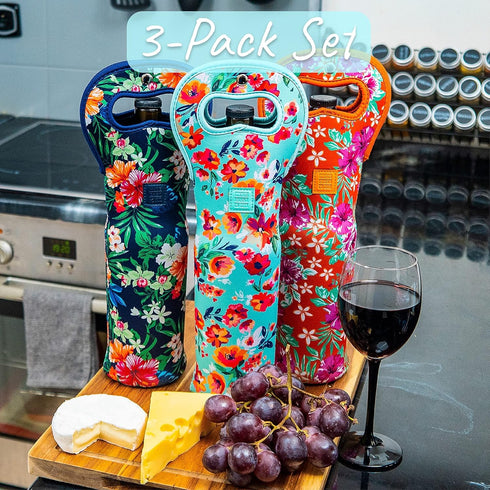 Made Easy Kit Insulated Wine Tote - Neoprene Wine Carrier Bag with Magnetic Handle Clasp, Set of 3 (Floral Patterns)