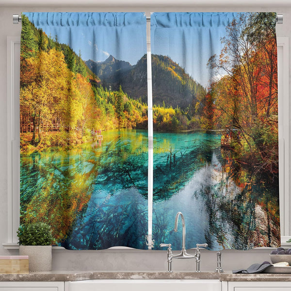 Ambesonne Landscape Kitchen Curtains, 2 Panel Set, Colorful View of 5 Flower Lake, 55" x 39", Blue and Green