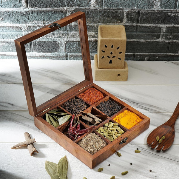 Ajuny Wooden Spice Box 8x8 Inch - Decorative Masala Dabba Organizer with