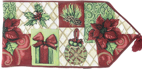 Tache Home Fashion Christmas Decorative Tapestry Table Runners with Tassels, Holiday Tidings Poinsettia 13 x 90