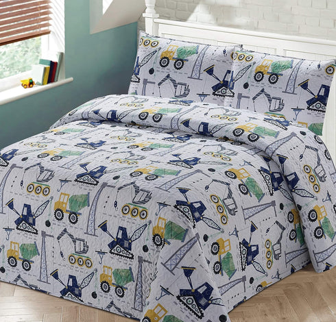 Kids Zone Home Linen 2pc Twin Bedspread Coverlet Quilt Set Kids/Teens Boys Construction Crane Trucks Cement