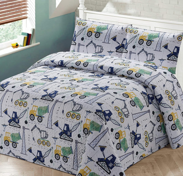 Kids Zone Home Linen 2pc Twin Bedspread Coverlet Quilt Set Kids/Teens Boys Construction Crane Trucks Cement