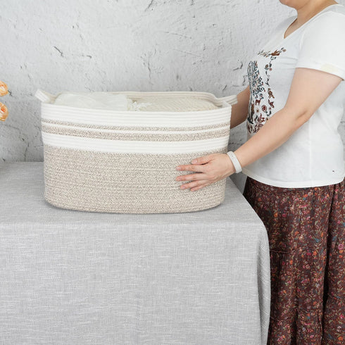 Large Rectangle Blankets Basket, 22"x17"x12" Woven Cotton Rope Storage Basket for Nursery Toy Basket, White Brown