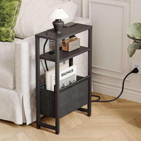 3 LET503BE Narrow Side Table with Charging Station, Slim End Table with Magazine Rack, Bedside Table for Small Spaces
