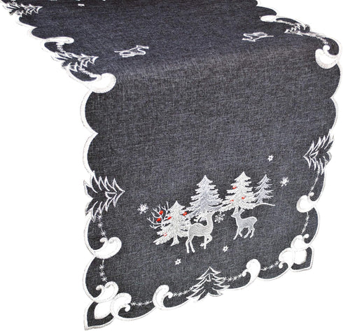 Embroidered Christmas Holiday Table Runner, Silver Reindeer & Scene on Dark Gray, Rectangle 16Wx33L