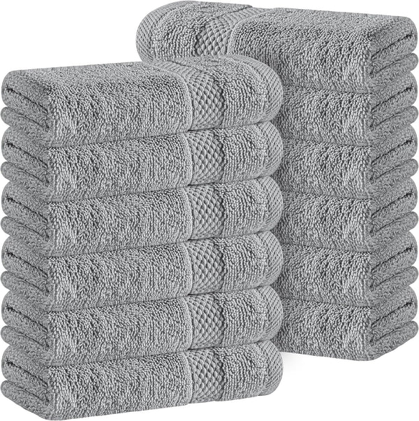 White Classic Light Grey Luxury Cotton Washcloths 12 Pc Set - Large